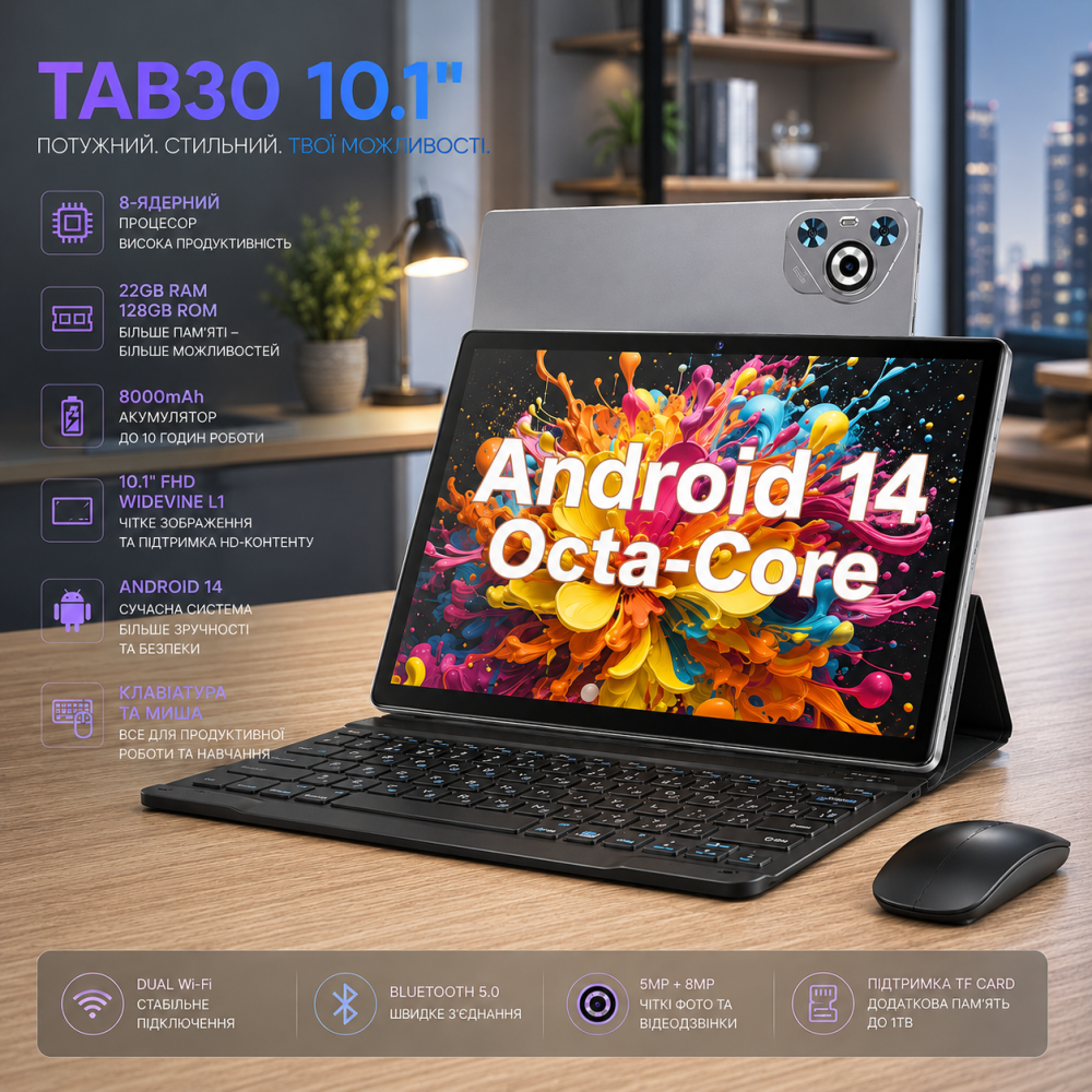 Планшет TAB30 10.1" (22/128GB) Android 14 Gray: 8-ядерний процесор, 8000mAh, Widevine L1 + Клавіатура та Миша Київ - фото 10