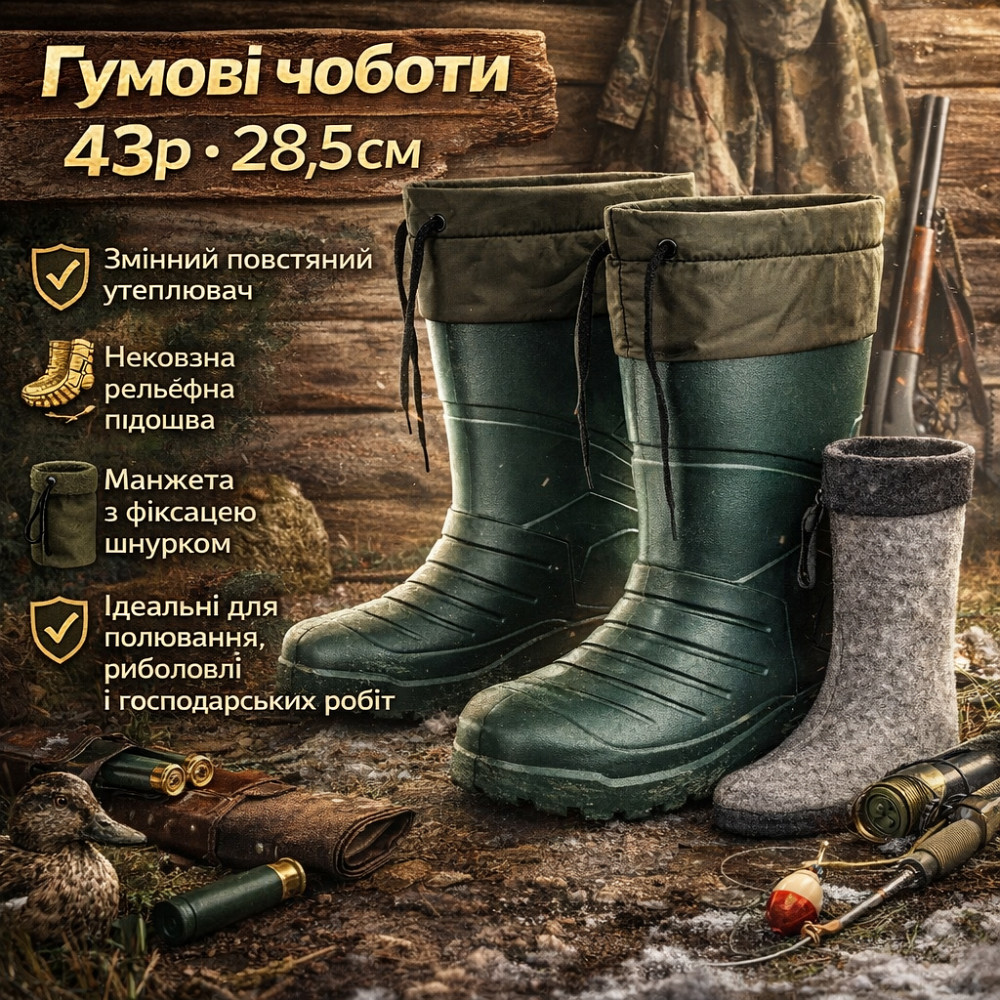 Сапоги резиновые мужчины 43р 28, 5см, Сапоги резиновые мужские комфортные Теплые олива QE-16 Ивано-Франковск - изображение 1