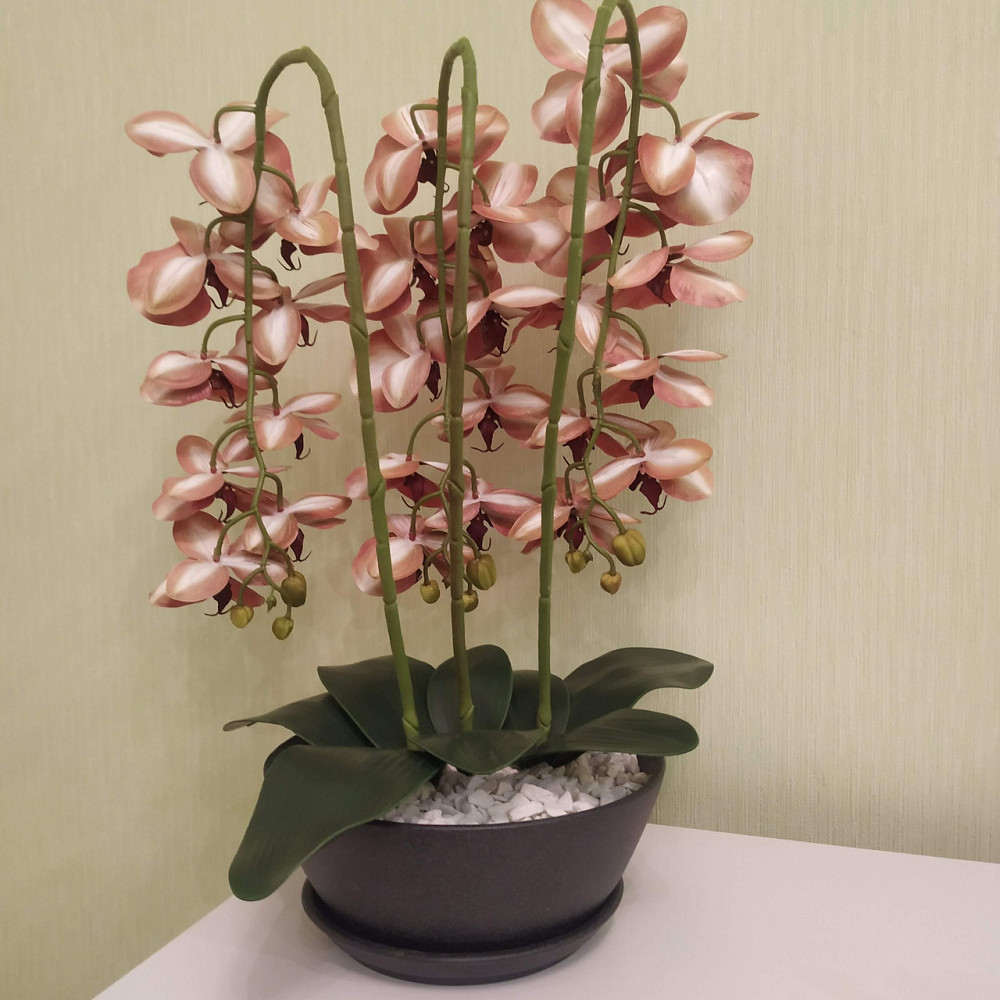 Штучна латексна орхідея VIP у керамічному кашпо кольору антрацит на три гілки персикова Дніпро - фото 9