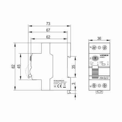 Автоматический выключатель Videx RESIST А 2п 30мА 10кА 25А (VF-RS10-DR2А25) Винница