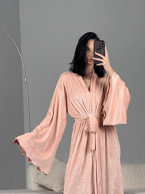 Женский стильный домашний велюровый макси халат плюш велюр Персик, Oversize 42/46 Одесса - изображение 4