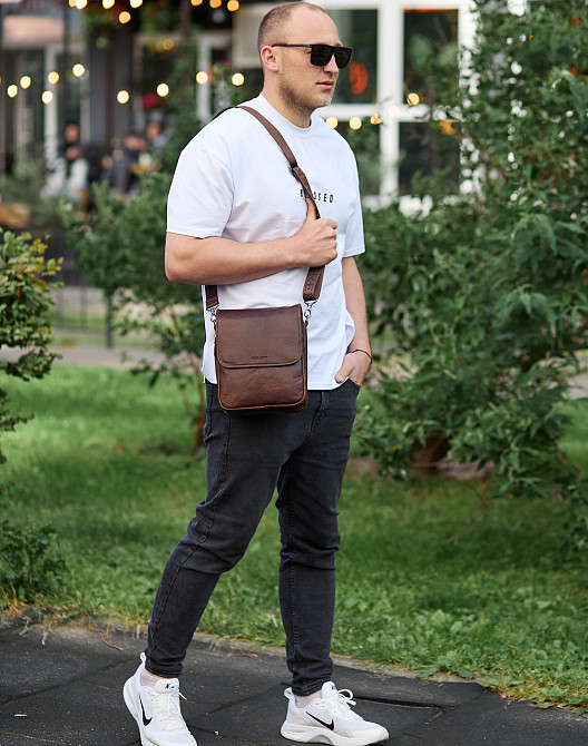 Мужская барсетка Tiding Bag с клапаном через плечо (24 х 20 х 6 см) с гладкой кожи (Коричневый) Винница - изображение 20