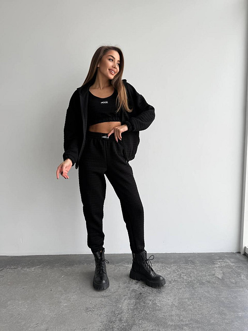 Жіночий прогулянковий костюм-трійка: кофта топ і штани Капітон Чорний, 46/48 Одеса - фото 8