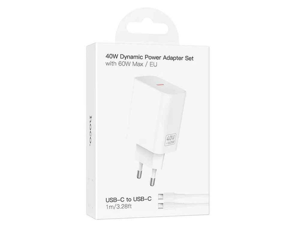 Мережевий зарядний пристрій Type-C to Type-C C162A 3A/PD40W/QC3.0 білий 1м ТМ HOCO Київ - фото 1