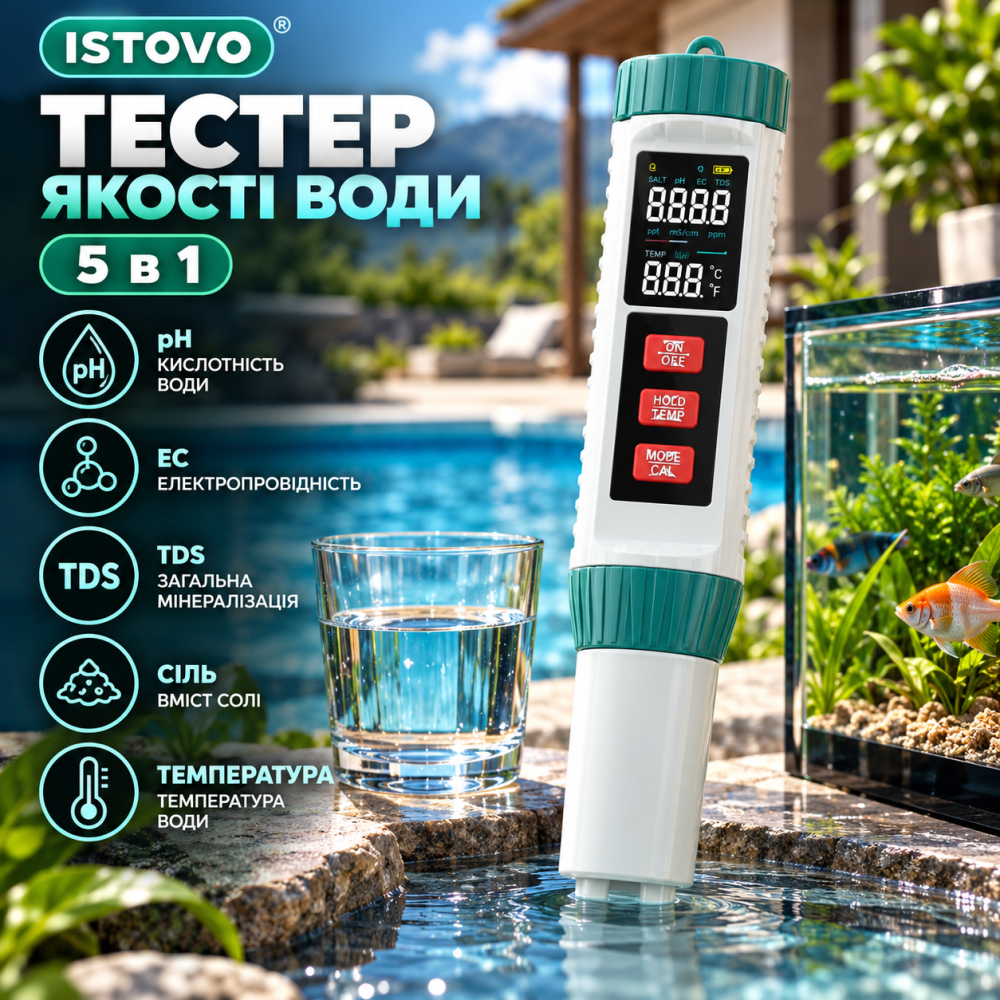 Цифровий тестер якості води ISTOVO 5 в 1, pH/EC/TDS/сіль/температура, електронний аналізатор води для басейну та акваріума Київ - фото 1