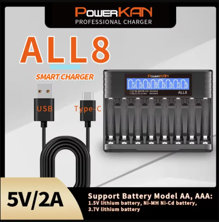 Зарядное устройство универсальное PowerCAN ALL8 LCD Type-C для аккумуляторов (Li-ion NiMH Ni-CD) AA AAA 14500 (на 8 каналов) Киев