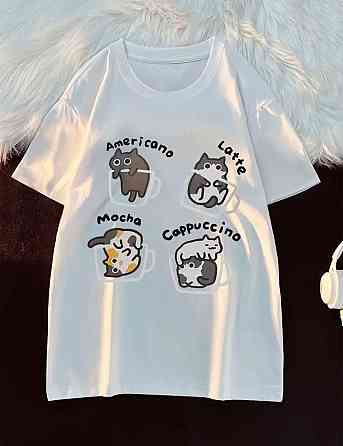 Женская милая оверсайз футболка с котиками из кулира Белый Одесса
