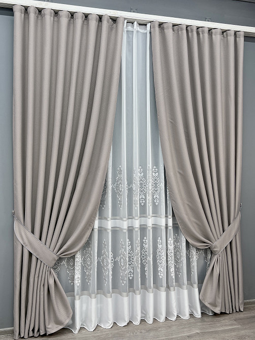 Комплект штор VR-Textil Лен Мешковина 150х270 2шт и Тюль 500х270 867ш-1701т Светло-серый с белым 71-179/4 Киев - изображение 2