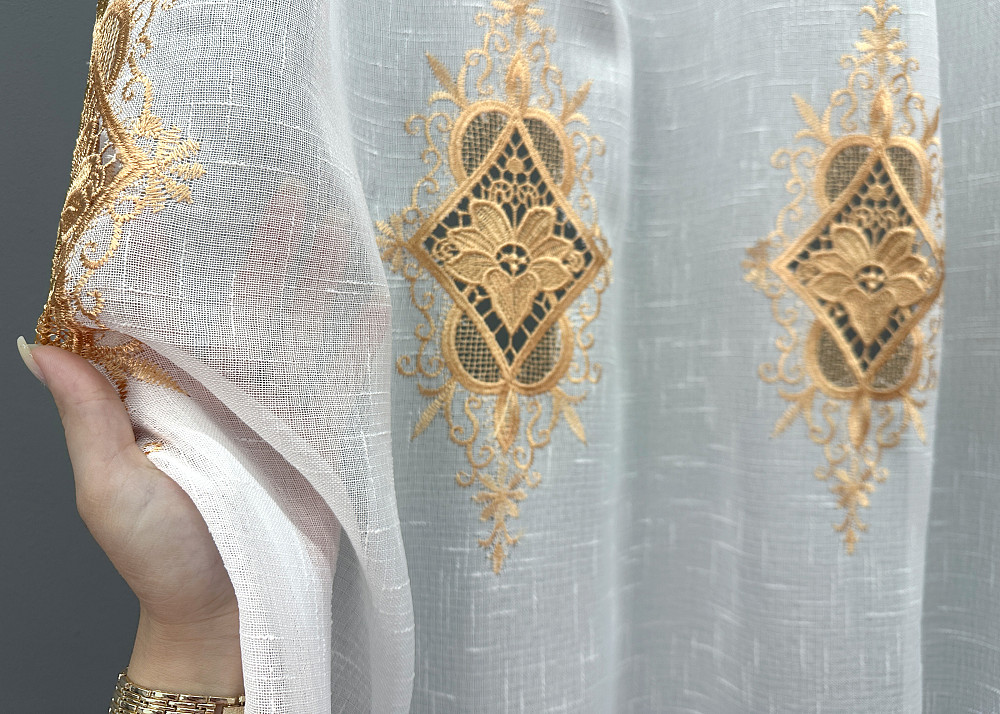 Тюль VR-Textil 1803т Лен с кружевом Белый с золотистым 300х250 см (42-1309) Киев - изображение 4