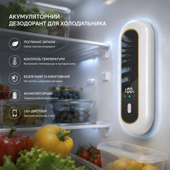 Аккумуляторный дезодорант для холодильника Gidomi, LED-дисплей, контроль температуры, поглотитель запахов, бело-золотой Киев