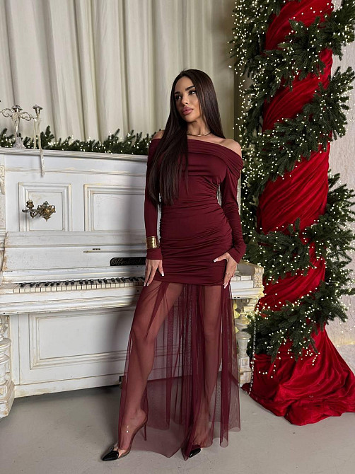 Жіноче елегантне вечірнє максіплаття, мікродайвінг і сітка Бордо, 42/44 Одеса - фото 8