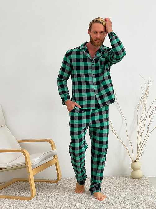 Піжама чоловіча COSY з фланелі (штани+сорочка) клітина зелено/чорна Київ - фото 1
