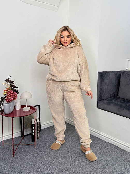 Жіноча затишна піжама двійка з капюшоном двостороння махра. Бежевий, 50/52 Одеса - фото 1