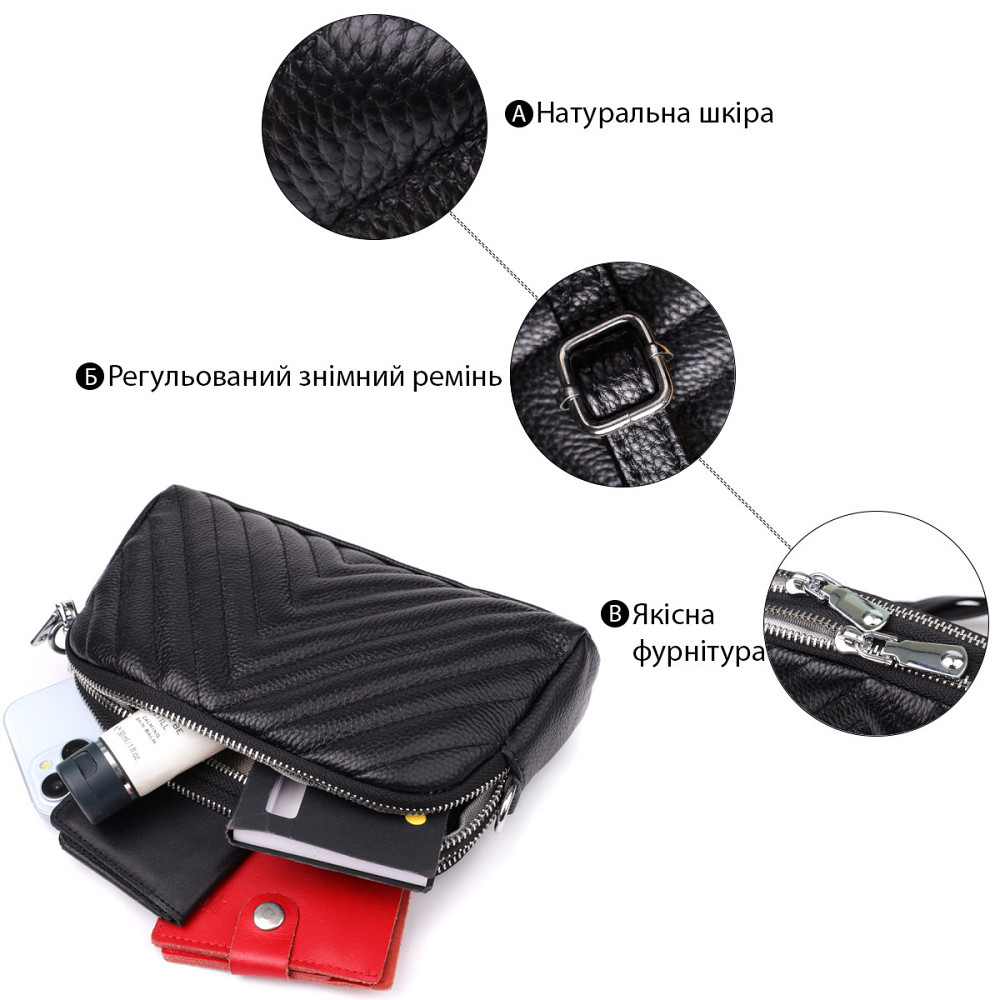 Сумка прошита треугольниками из натуральной кожи Vintage 22909 Черный Киев - изображение 4