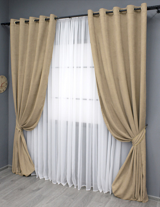 Комплект штор на люверсах VR-Textil Мікровелюр Petek YL № 1800ш Бежевий 150х270 см 2 шт (37-0266) Київ - фото 3