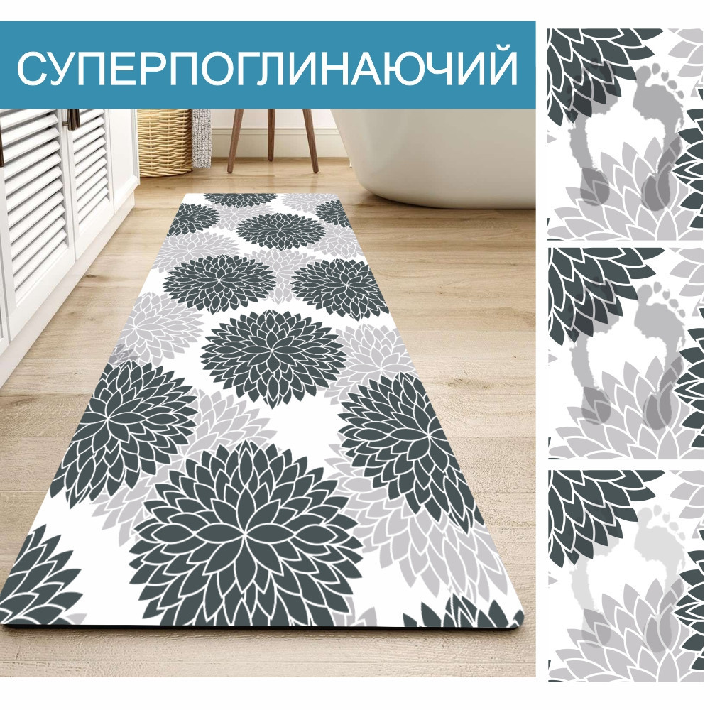 Набор 2 коврика для ванной и кухни Aquarius Суперпоглощающие 50х80 см + 50х120 Серые Цветы Буча - изображение 3