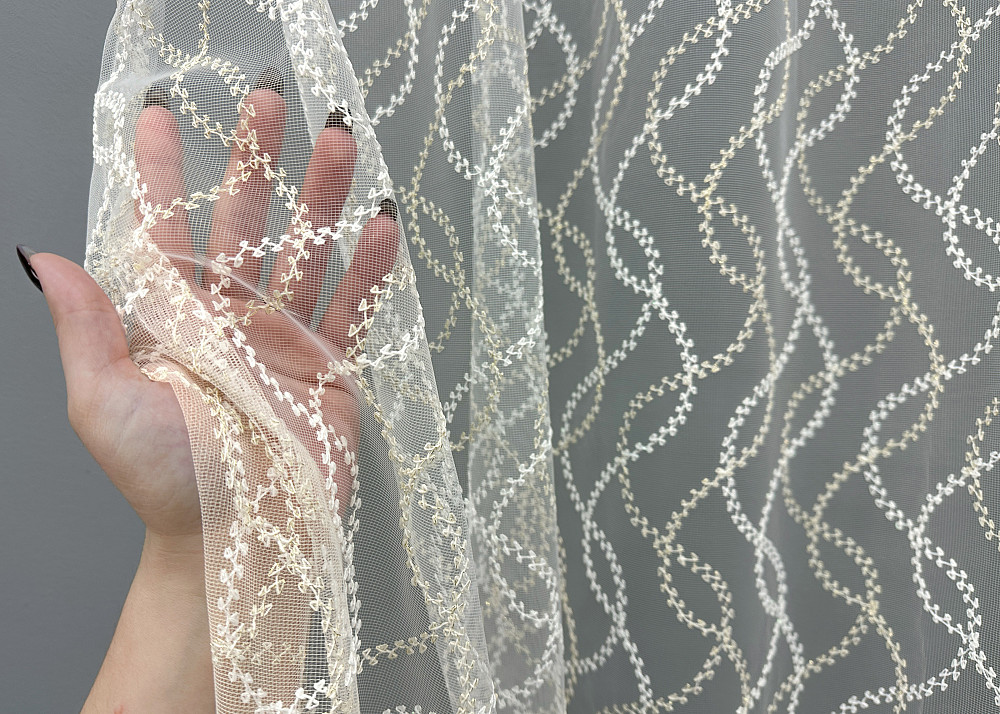Тюль VR-Textil 1833т Фатин с вышивкой и люрексом Молочный с золотистым 450х270 см (42-1069) Киев - изображение 4