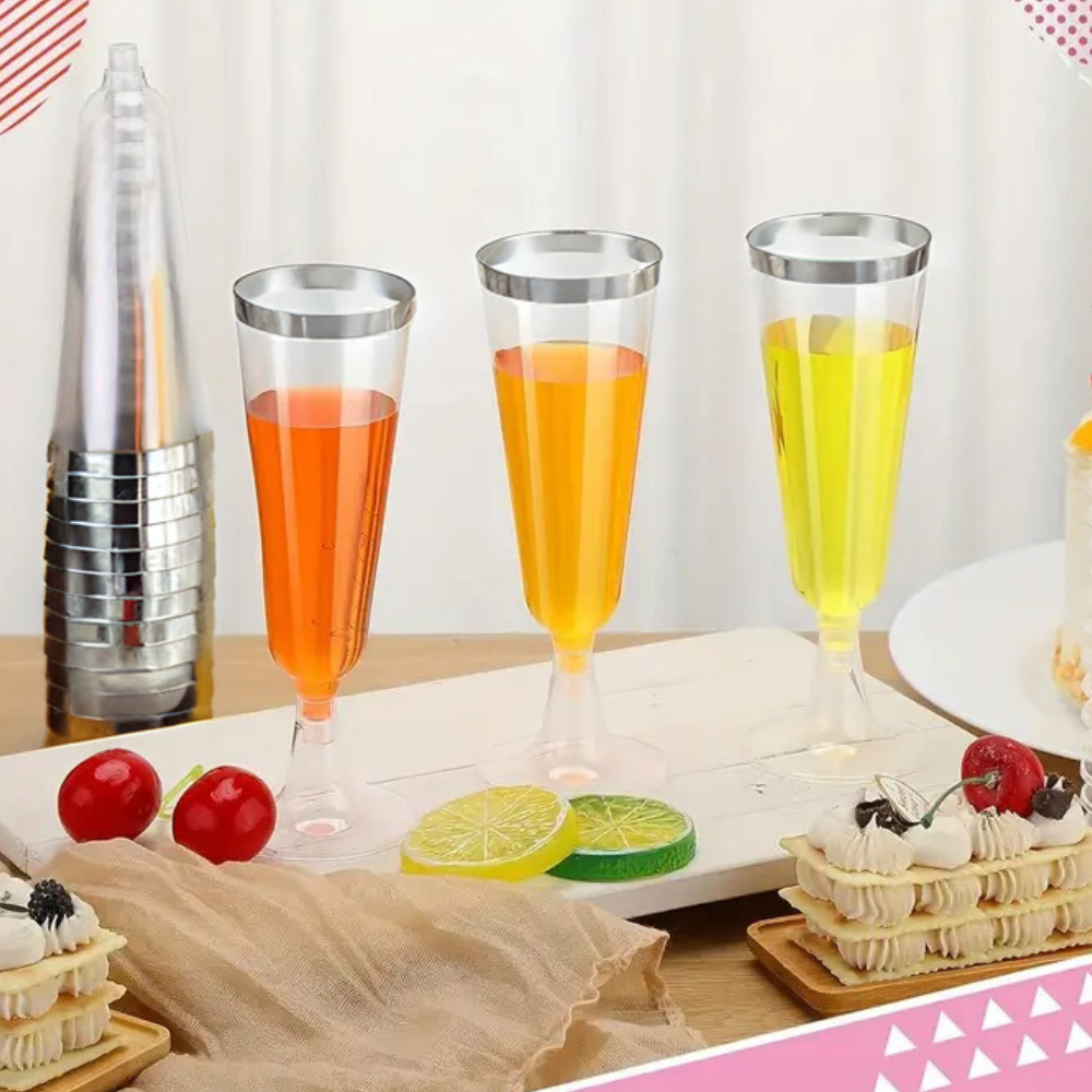 Набор пластиковых бокалов для шампанского 10 шт премиум класса 147 мл,праздничные с серебристым ободком Каменец-Подольский - изображение 6