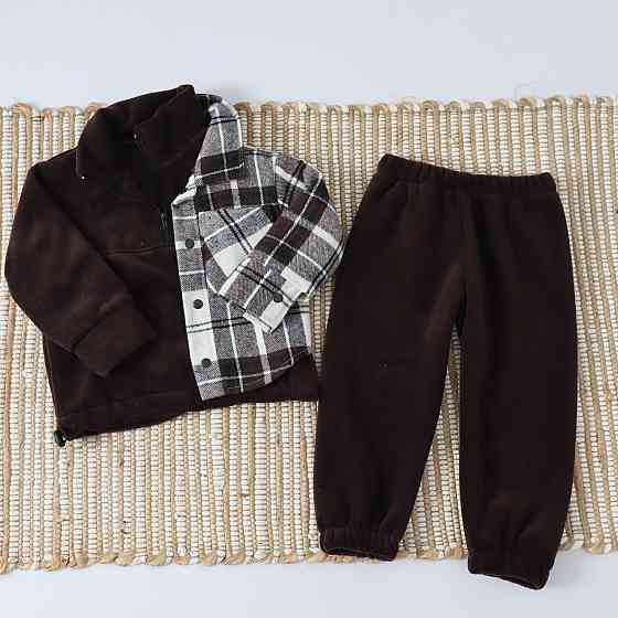 Коричневый теплый детский комплект из флиса тедди (рубашка в клетку+толстовка+брюки) 110 Каменец-Подольский