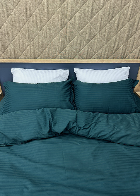 Комплект постельного белья Страйп-сатин Двуспальный 180х220 с простыней на резинке Мурена (88-165) Киев - изображение 5