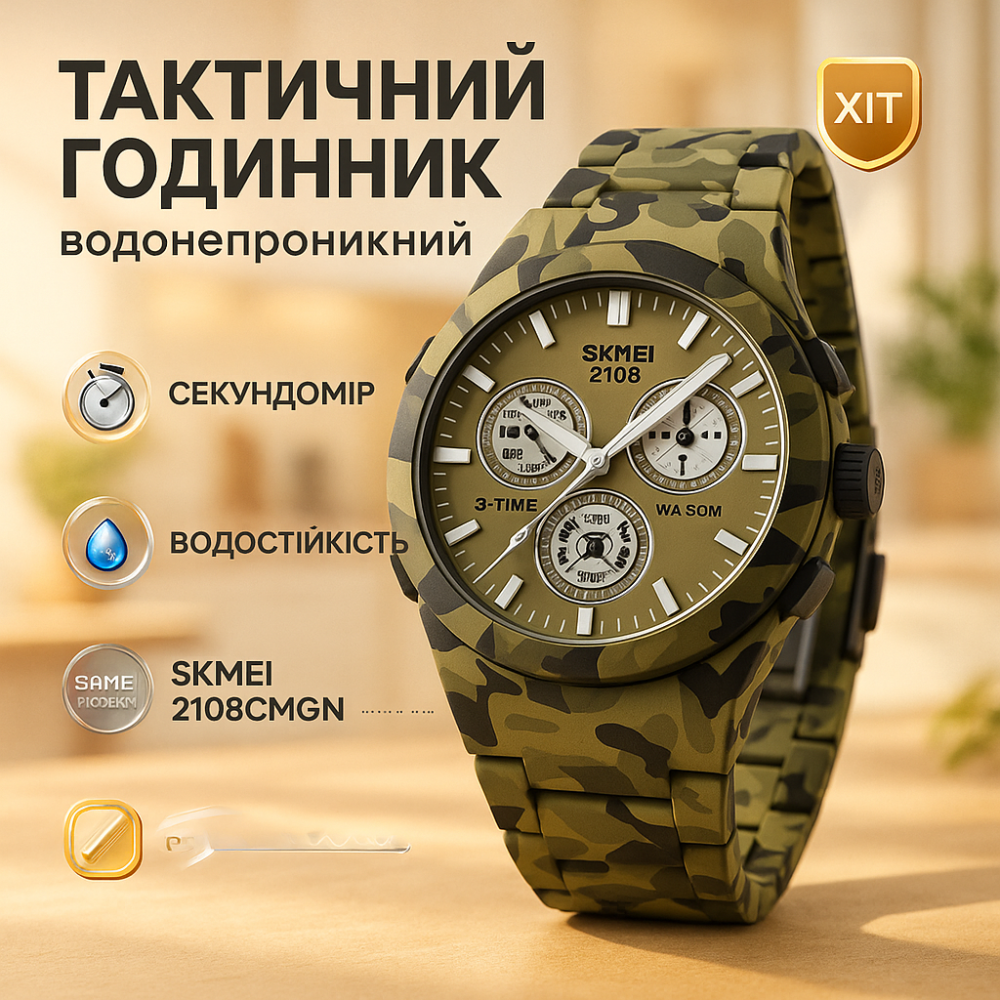 Чоловічий водостійкий кварцовий годинник SKMEI 2109CMGN, Польовий годинник для армії TZ-23 Львів - фото 17