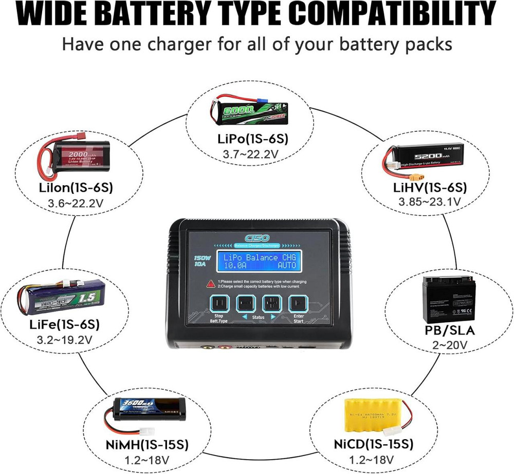 LiPo зарядний пристрій С150 150W 10A AC/DC з балансуванням та підтримкою Li-ion/LiFe/NiMH/NiCd/LiHV/Pb акумуляторів BMS контролер Київ - фото 2