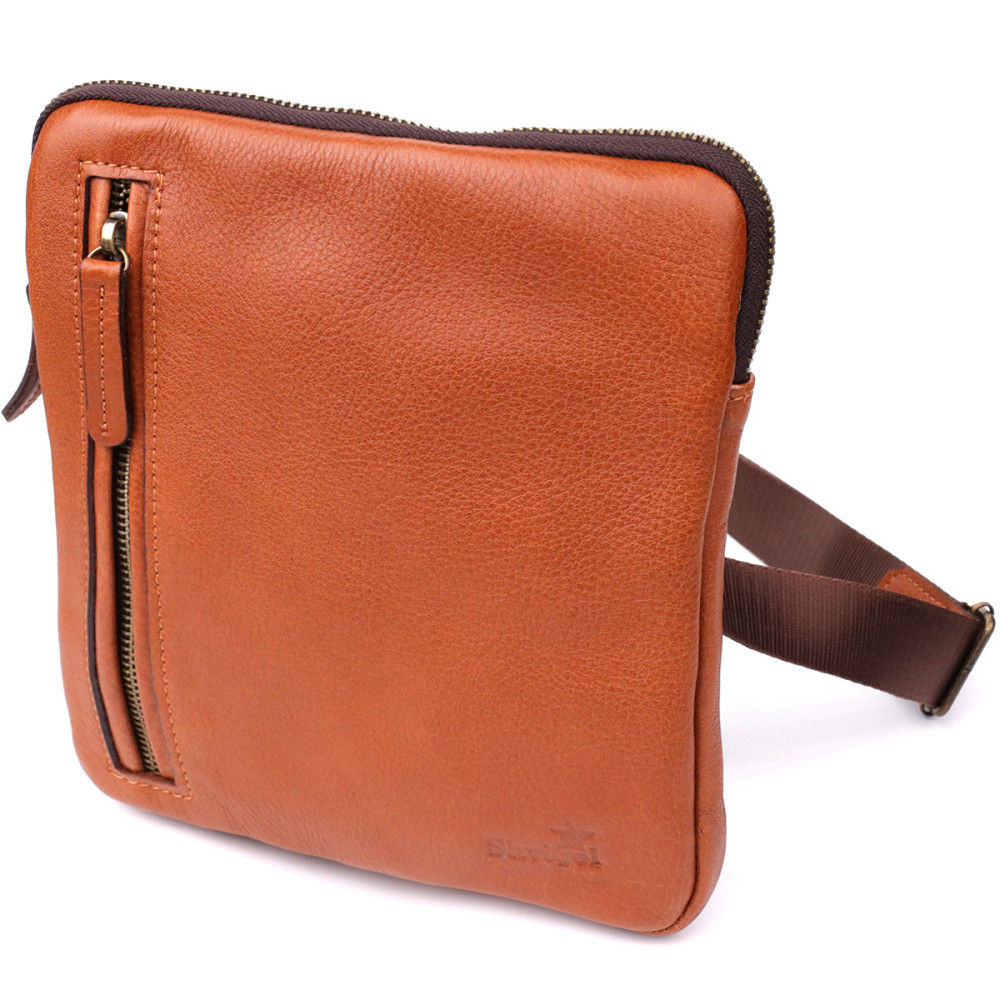 Чоловіча шкіряна сумка через плече із міцної зернистої шкіри Рудий (SHVIGEL) Київ - фото 11