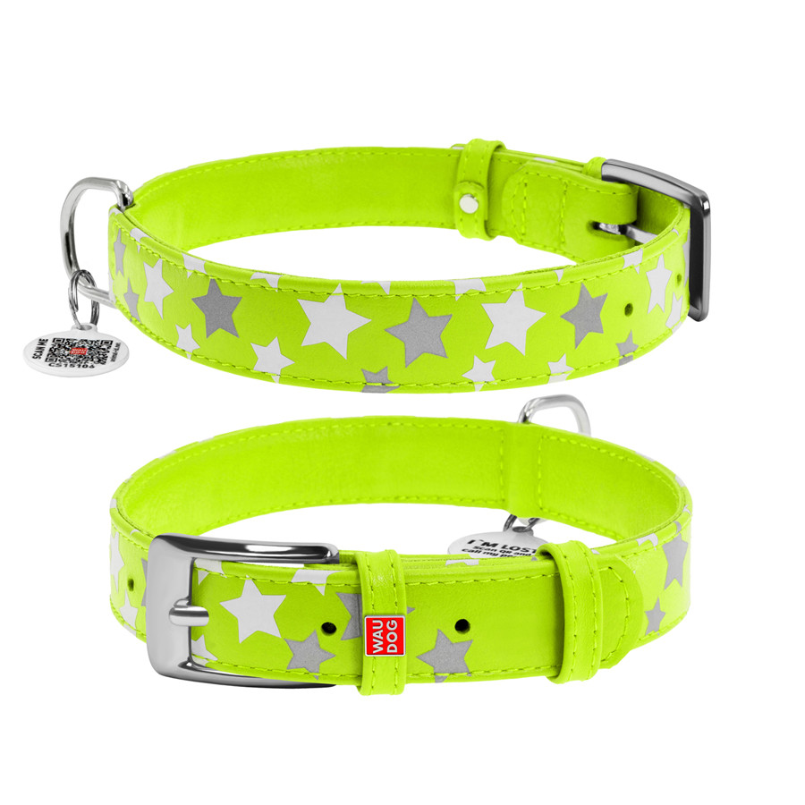Нашийник для собак шкіряний WAUDOG Glamour з QR паспортом, візерунок "Зірочка", світлонакопичув Коломия - фото 3