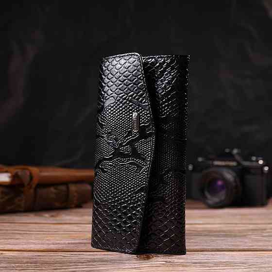 Фактурне жіноче лаковане портмоне з натуральної шкіри з тисненням під змію Чорне (CANPELLINI) Київ