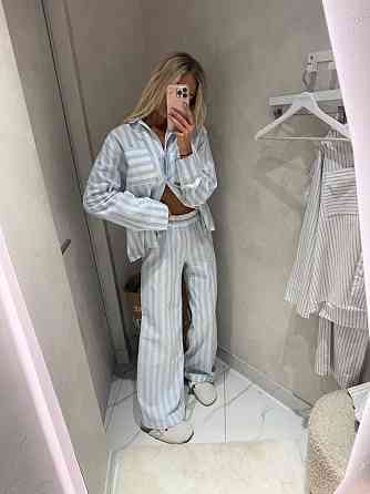 Жіноча смугаста піжама двійка з льону Одеса