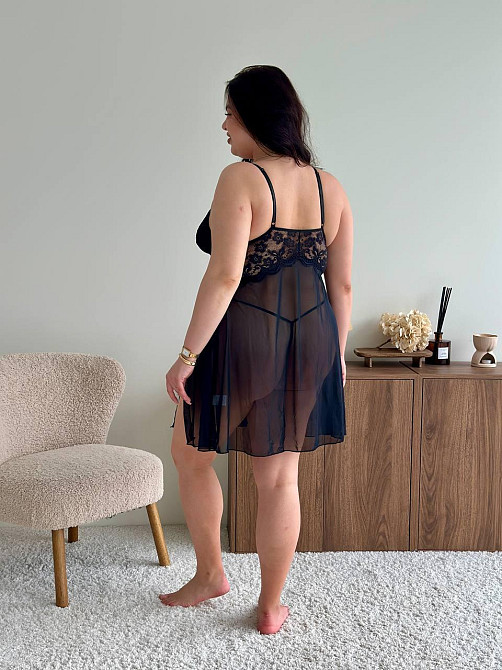 Еротичний пеньюар великих розмірів plus size прозорий з мереживом короткий з м'якими чашечками на бретелях з трусиками чорний 4XL Одеса - фото 9