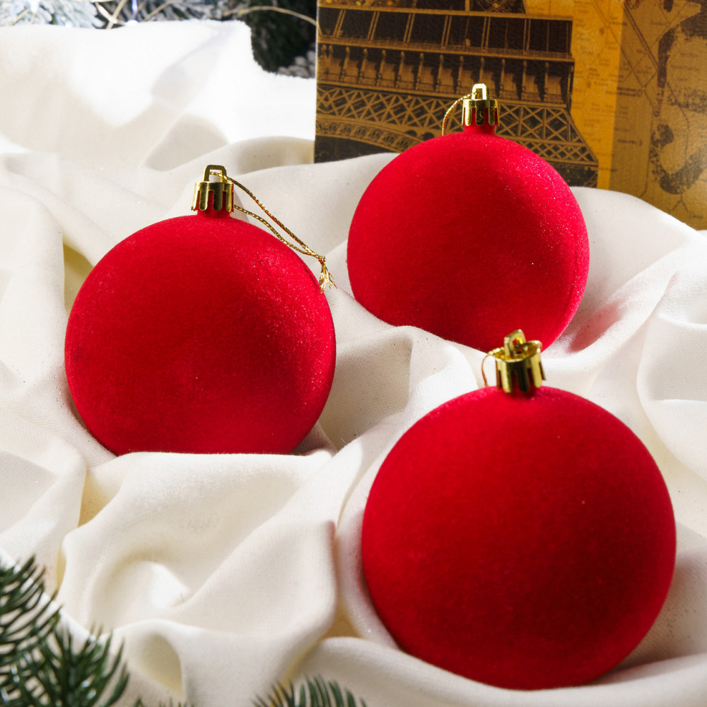 Набор новогодних игрушек на елку «Бархат» 18 шт D-8 см Красный елочные игрушки шарики украшения для елки Киев - изображение 4