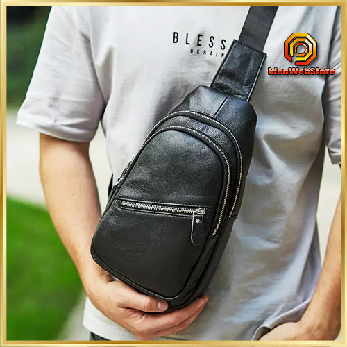 Компактна чорна шкіряна чоловіча сумка-слінг з відділеннями на блискавці стильна сумка рюкзак на одне плече Київ - фото 1