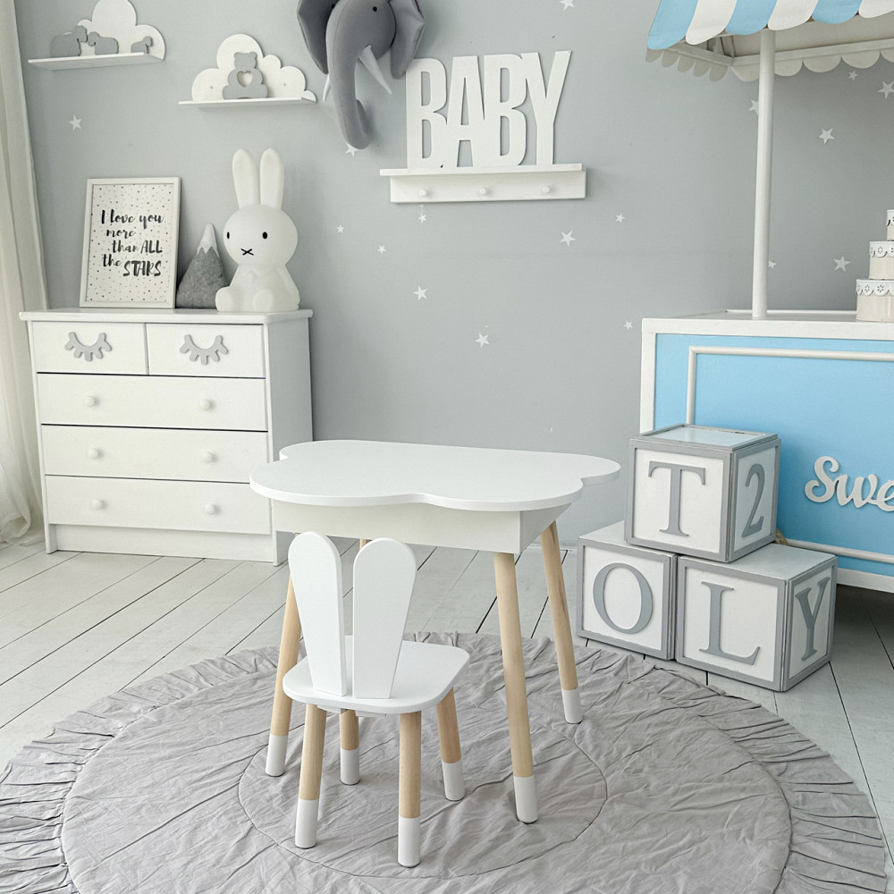 Столик хмаринка з нішею яка підіймається 54х68х50 і стільчик вушка зайчика 26х26х24, стіл та стілець в дитячу, білий Кам'янське - фото 10