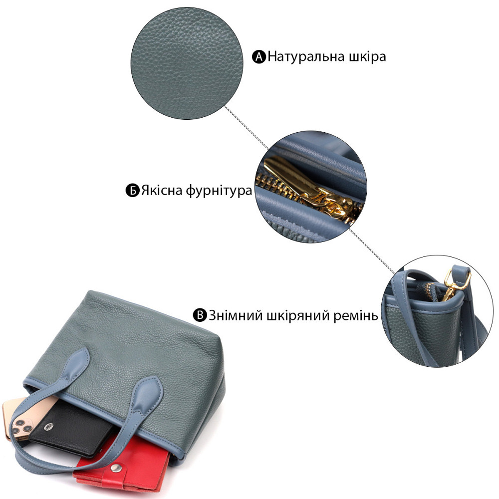 Элегантная сумка с двумя ручками из натуральной кожи Vintage 22282 Голубая Киев - изображение 4