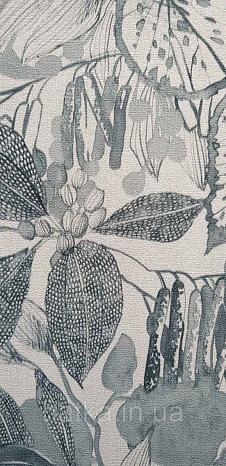 Шпалери вінілові на флізеліні метрові Rasch Novella 1,06х10 квіти листя гілки акварель матові сірі з бірюзою на білому Київ - фото 2