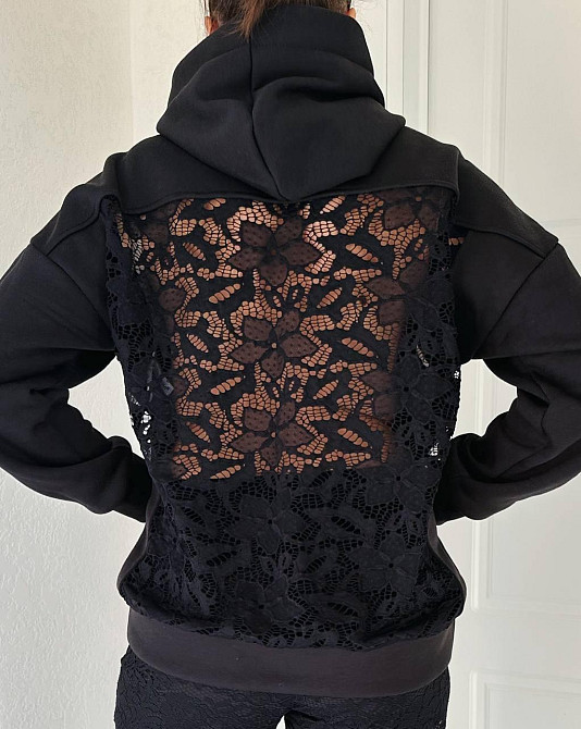 Женское стильное худи с прозрачной спинкой из кружева трехнитка на флисе + гипюр Одесса - изображение 1