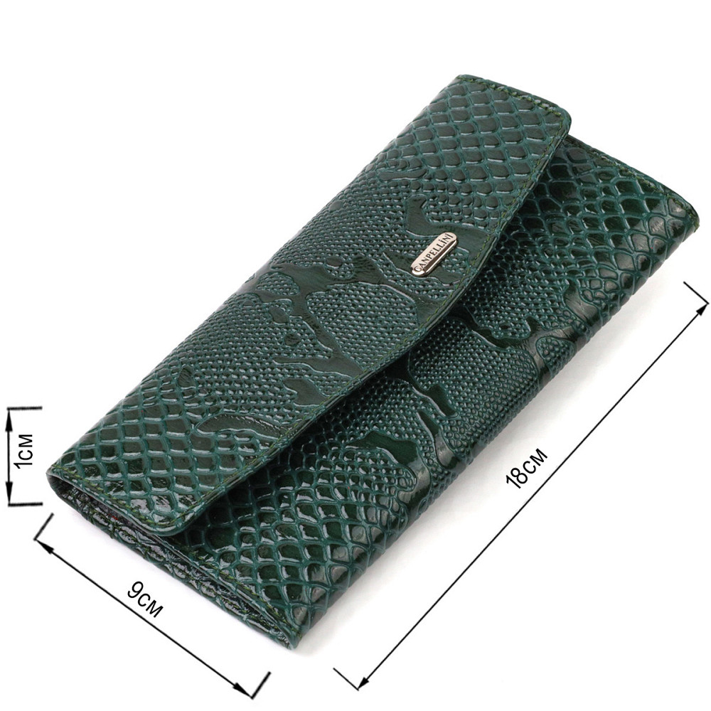 Жіноче лаковане портмоне з натуральної шкіри з тисненням під змію Зелене (CANPELLINI) Київ - фото 7