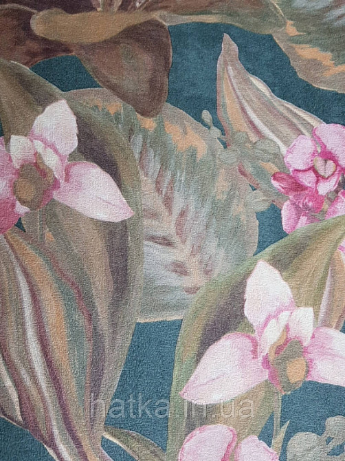Шпалери вінілові Decoprint Breeze листя метелики квіти орхідеї лілії рожеві коричневі на зеленому 0.53х10 м Київ - фото 3