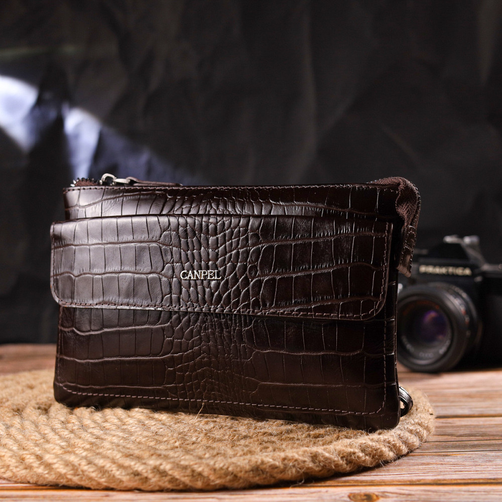 Елегантний клатч для чоловіків із натуральної фактурної шкіри Коричневий (CANPELLINI) Київ - фото 3