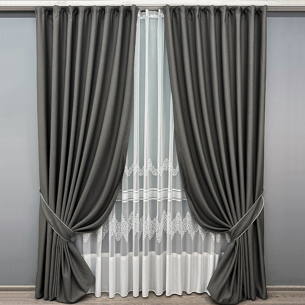 Комплект штор VR-Textil рогожка преміум TERRA LUXE 200х270 2шт і Тюль 600х270 1857ш-1704т Графітовий з білим 71-111/7 Київ - фото 1