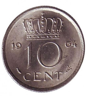 Монета 10 центів. 1964 рік, Нідерланди. Полтава - фото 1