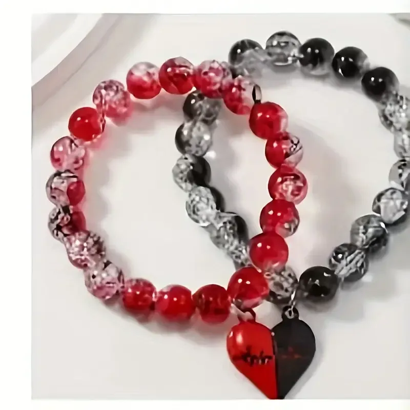 Арные браслеты из стеклянных бусин с эффектом трещинок, подвески «половинки сердца» – красный/черно-серый, 10 Киев - изображение 1