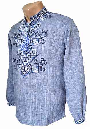 Чоловіча вишиванка у джинсовому кольорі  з сірою ниткою Дерево життя Київ