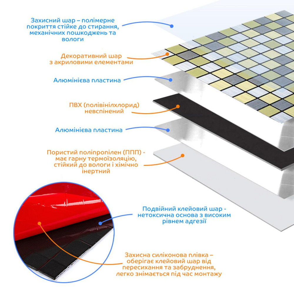 Самоклеющаяся алюминиевая плитка 300х300х3мм Серебряная с золотом шахматы SW-00001827 Киев - изображение 2