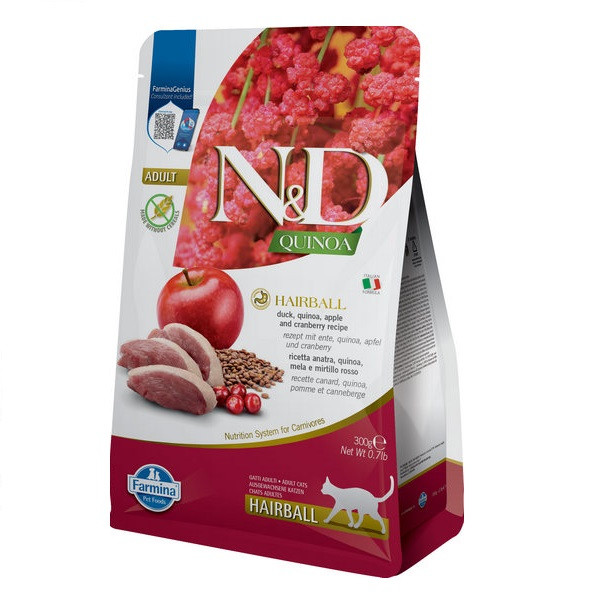 Сухий беззерновий корм Farmina N&D Quinoa Hairball ADULT для стимулювання виведення грудочок шерсті з качкою, кіноа, яблуко та журавлина, 300 г Київ - фото 1