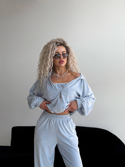 Жіночий велюровий комплект-трійка Голоубой, 42/46 Харків - фото 4