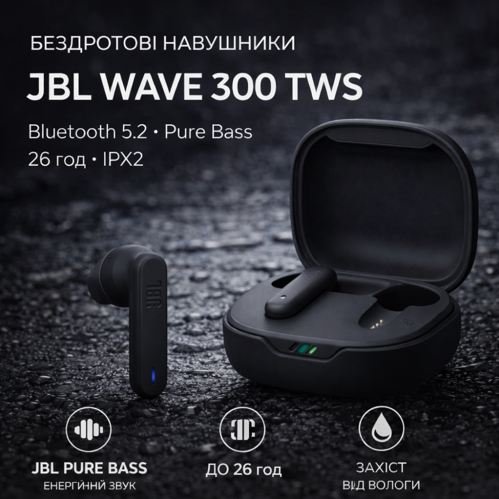 Навушники JBL Wave 300 TWS Bluetooth 5.2, Pure Bass, 26 год, сенсорне керування, IPX2, швидка зарядка Київ - фото 3
