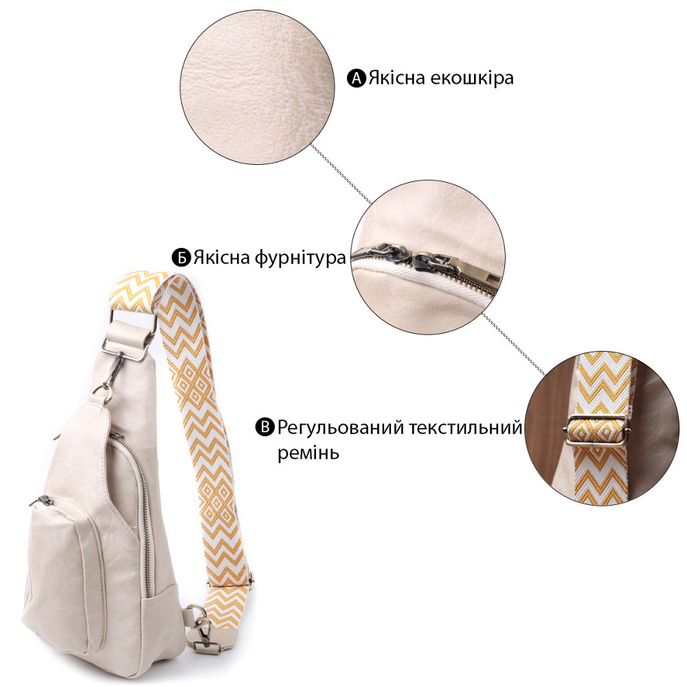 Стильная женская сумка из экокожи с акцентом на текстильную лямку Vintage 22774 Белый Киев - изображение 4