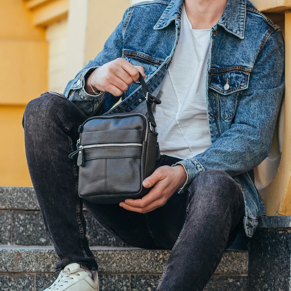 Сумка-барсетка чоловіча 19х22х5, месенджер через шкіряне плече Tiding Bag BON6165 чорний Київ - фото 10